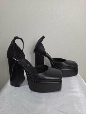 L'INTERVALLE Black Leather Platform Mary Jane Ankle-Strap Heels Punk